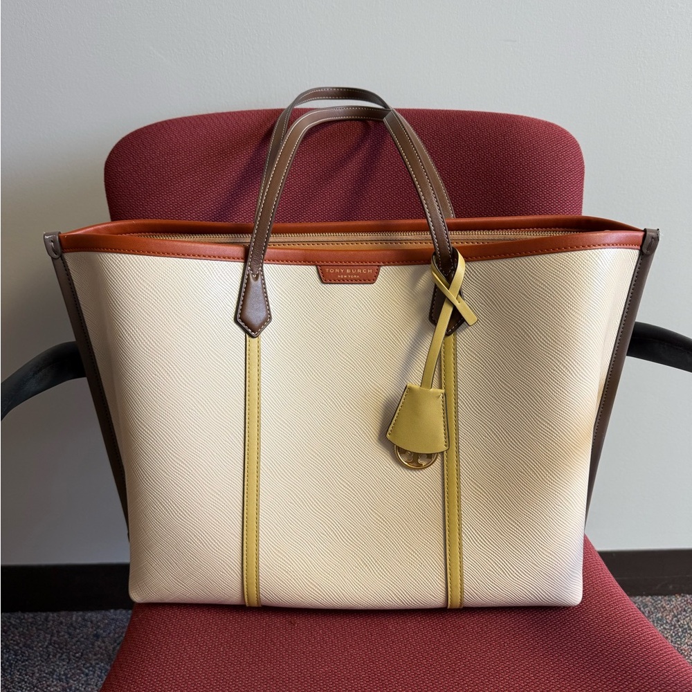 Tory Burch Cream Tote with Brown, Tan and Yellow Accents